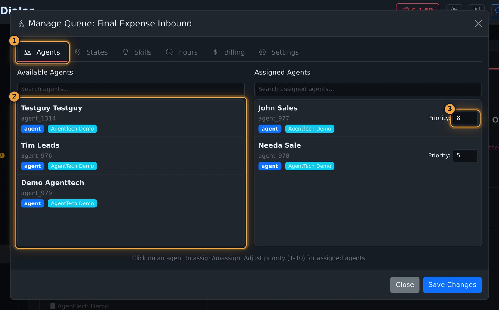 Manage Queue, Agents tab