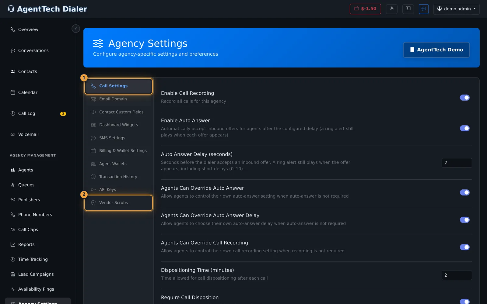 Agency Settings page