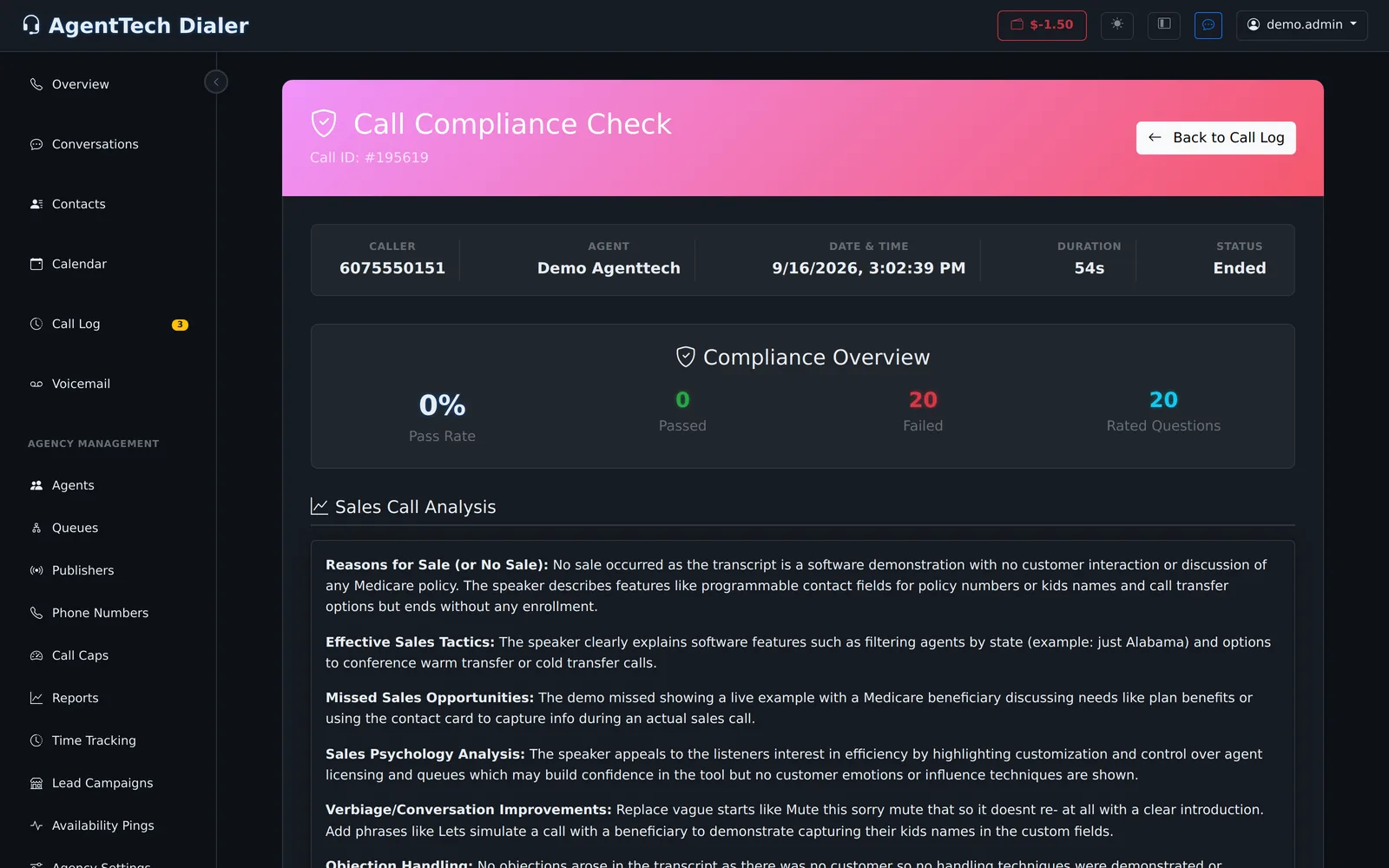 Call Compliance Check page