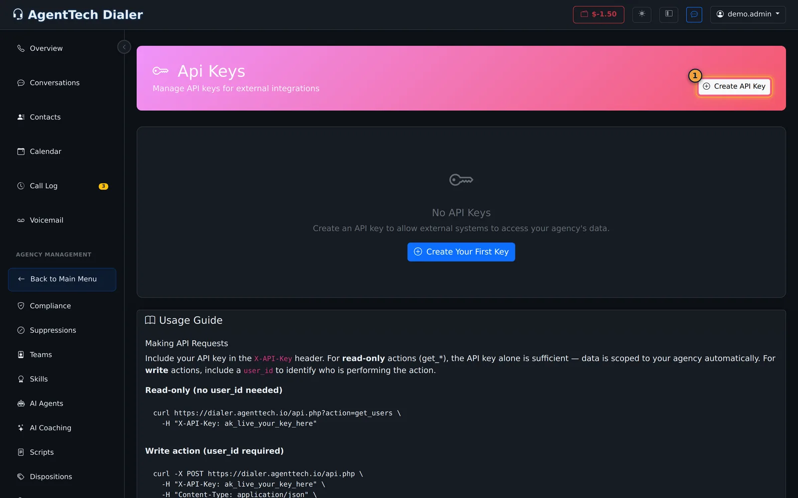 API Keys page