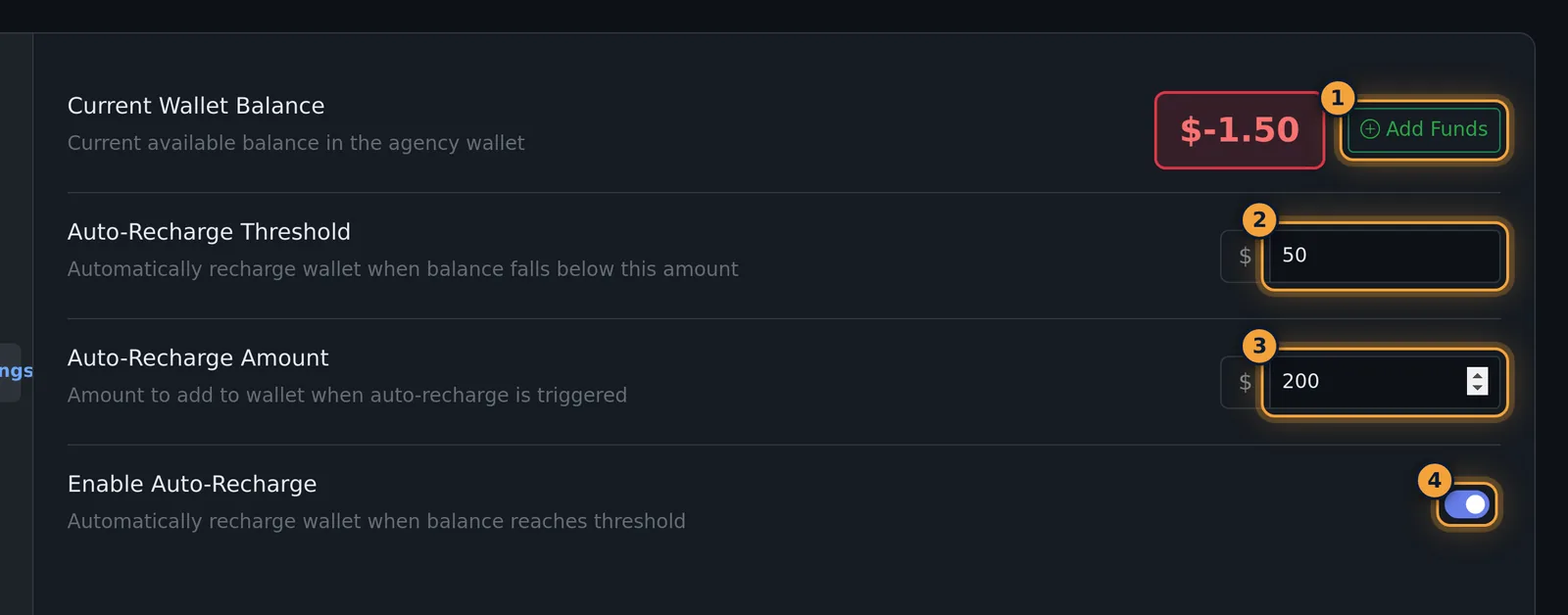Billing & Wallet Settings