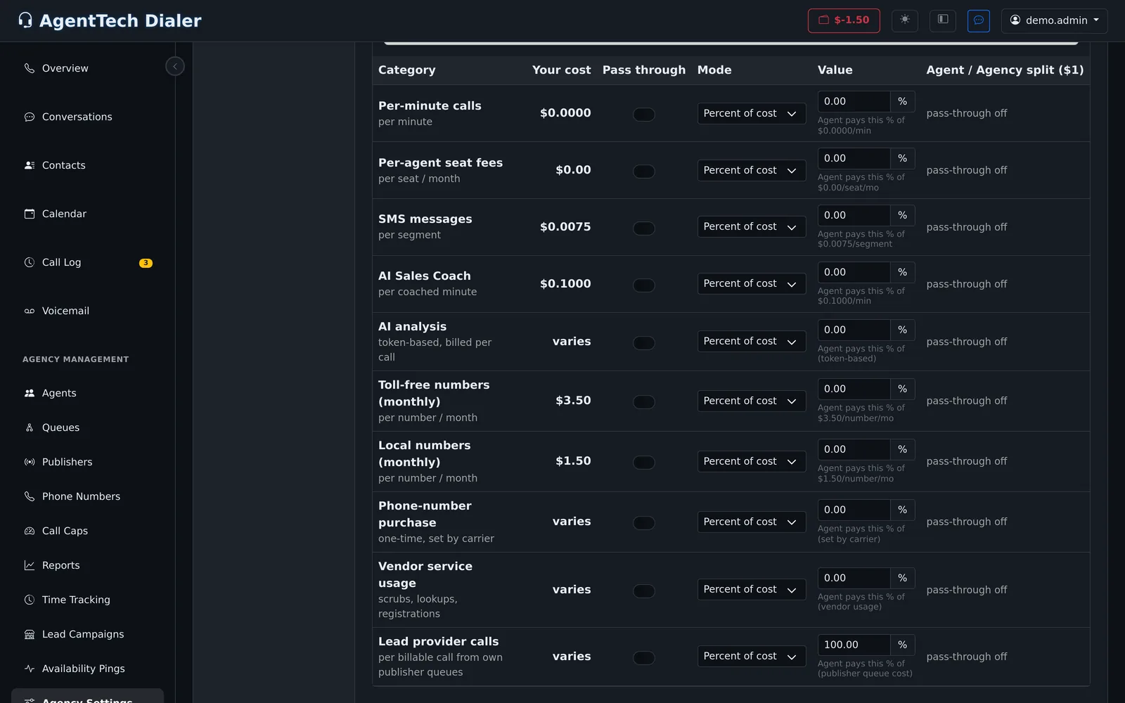 Cost categories on Agent Wallets