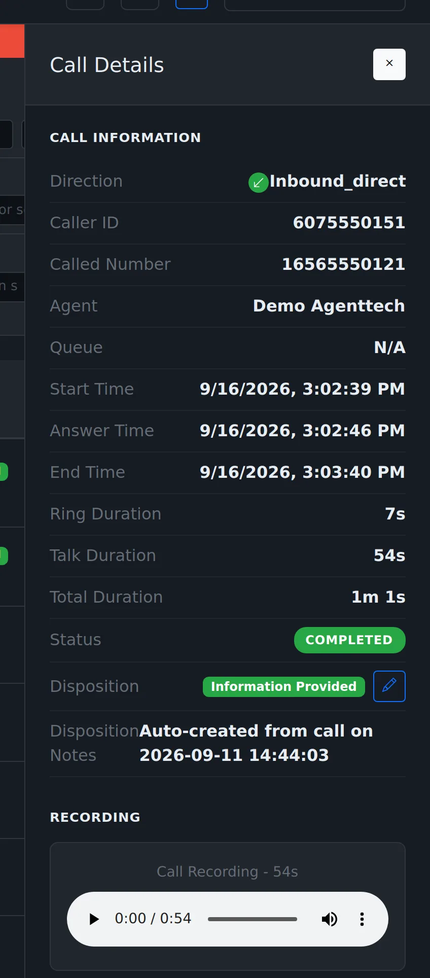 Call details with the recording player