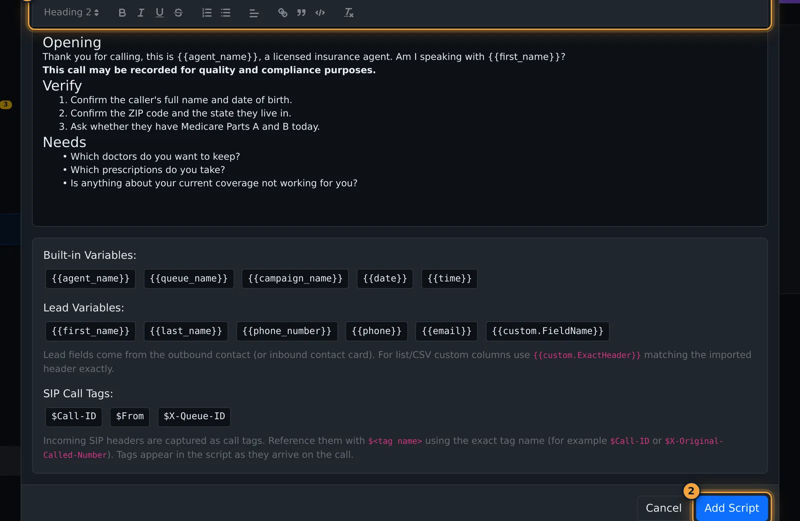 Script content with placeholders