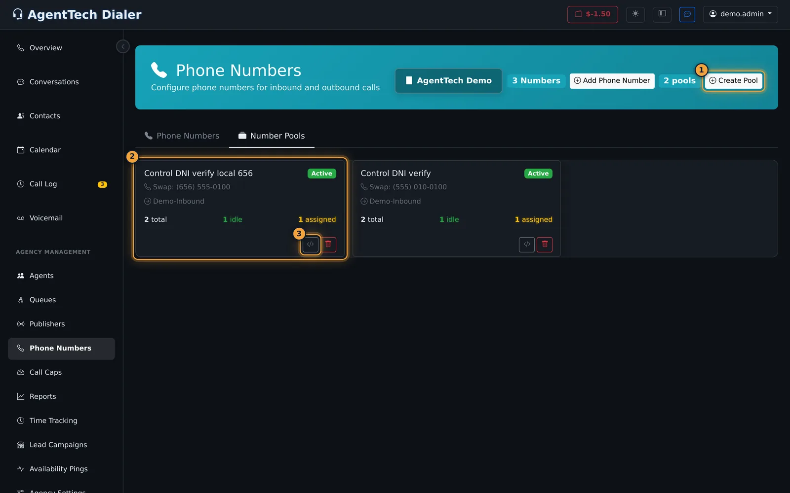 Number Pools tab