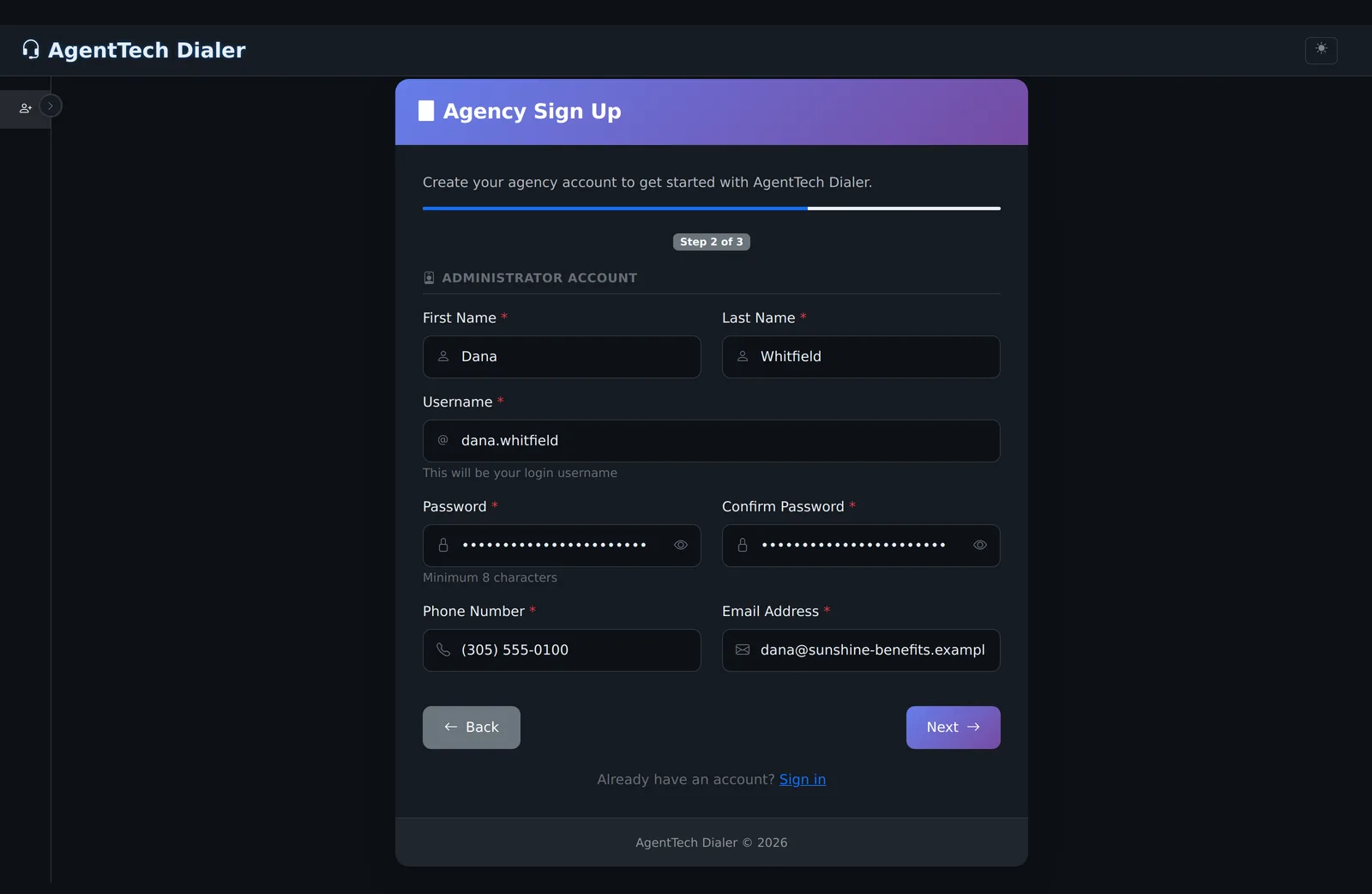 Step 2 - administrator account