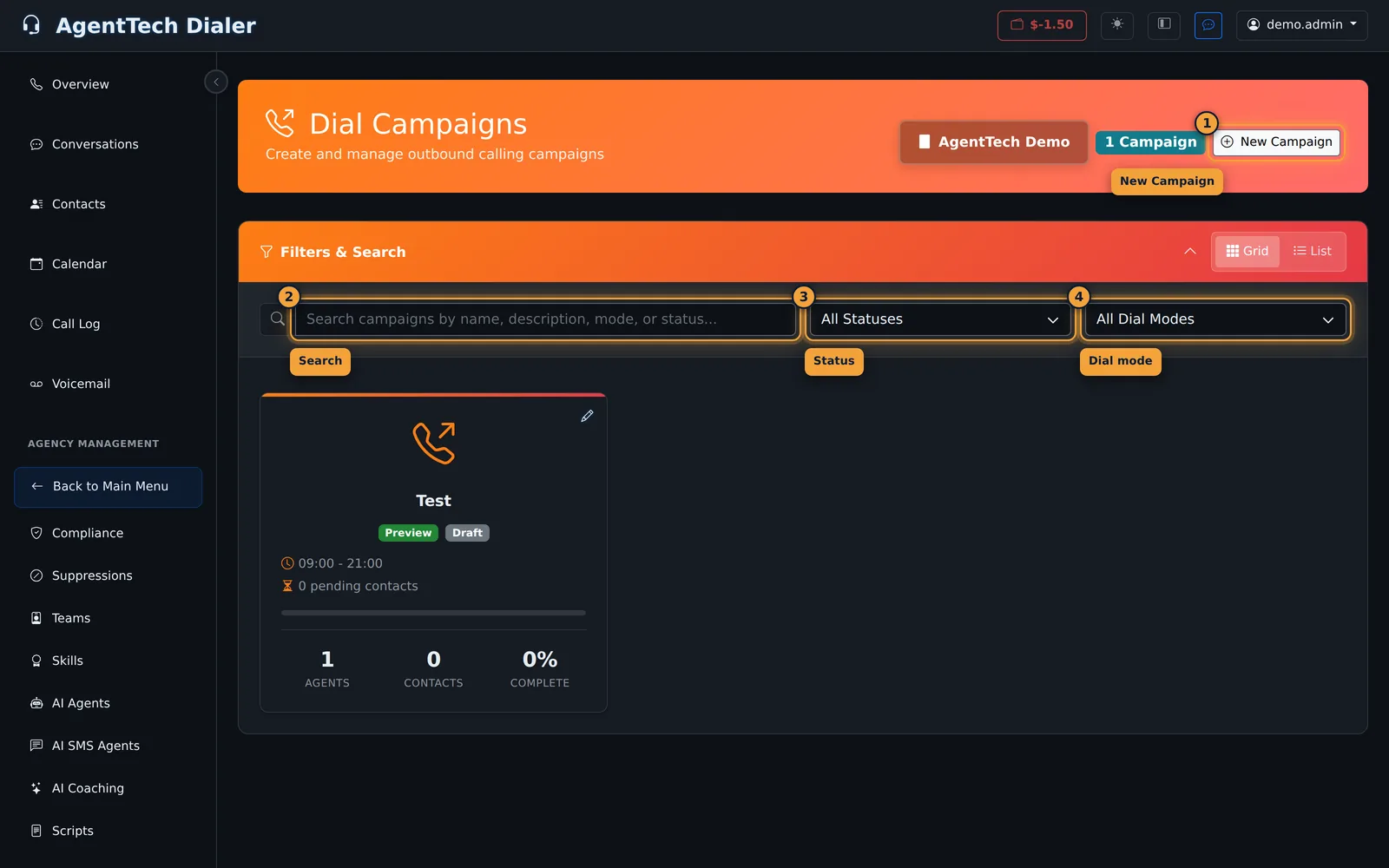 Dial Campaigns page