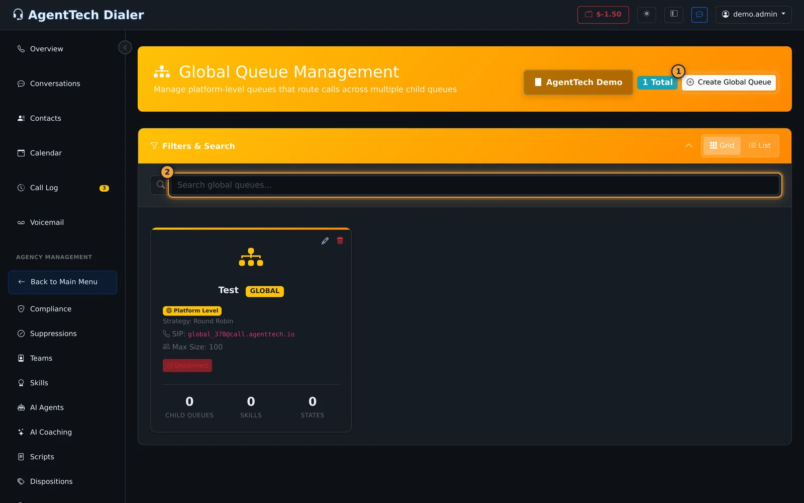 Global Queue Management page