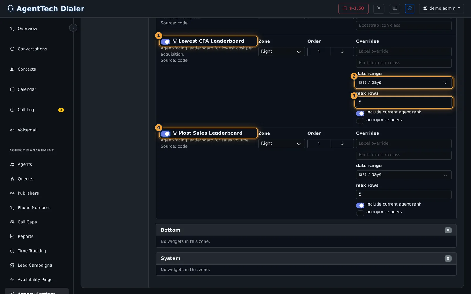 Agent leaderboard widgets