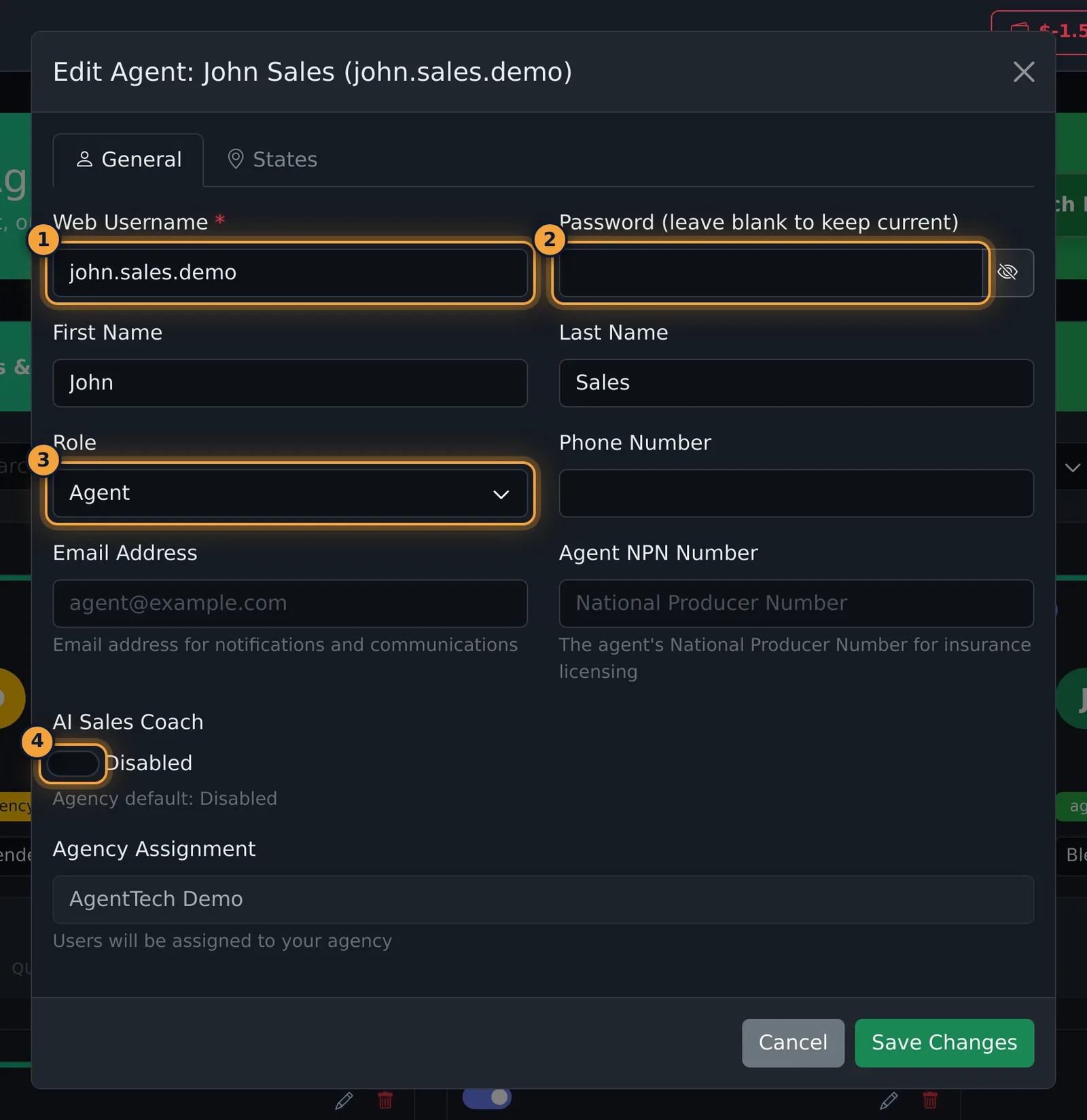 Edit Agent, General tab