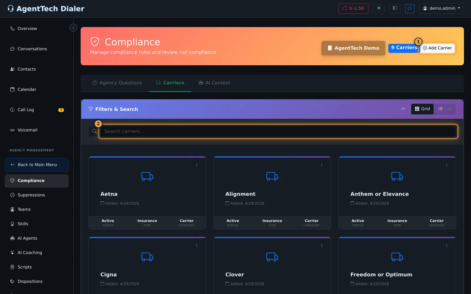 Carriers tab
