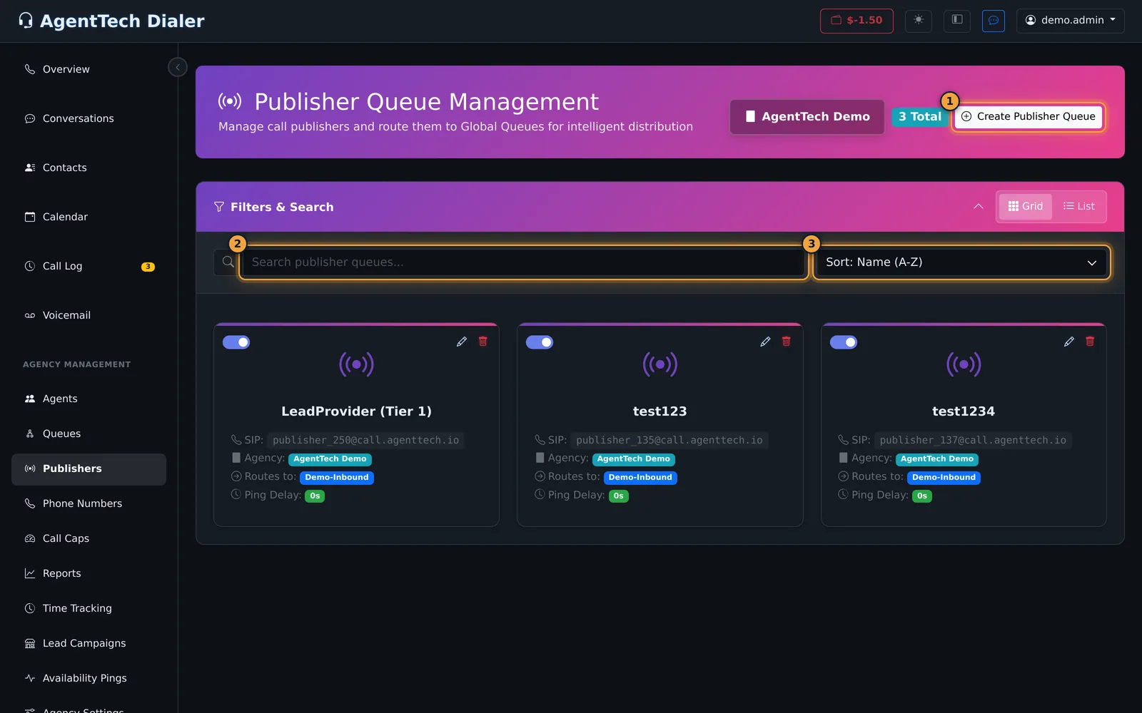 Publisher Queue Management page