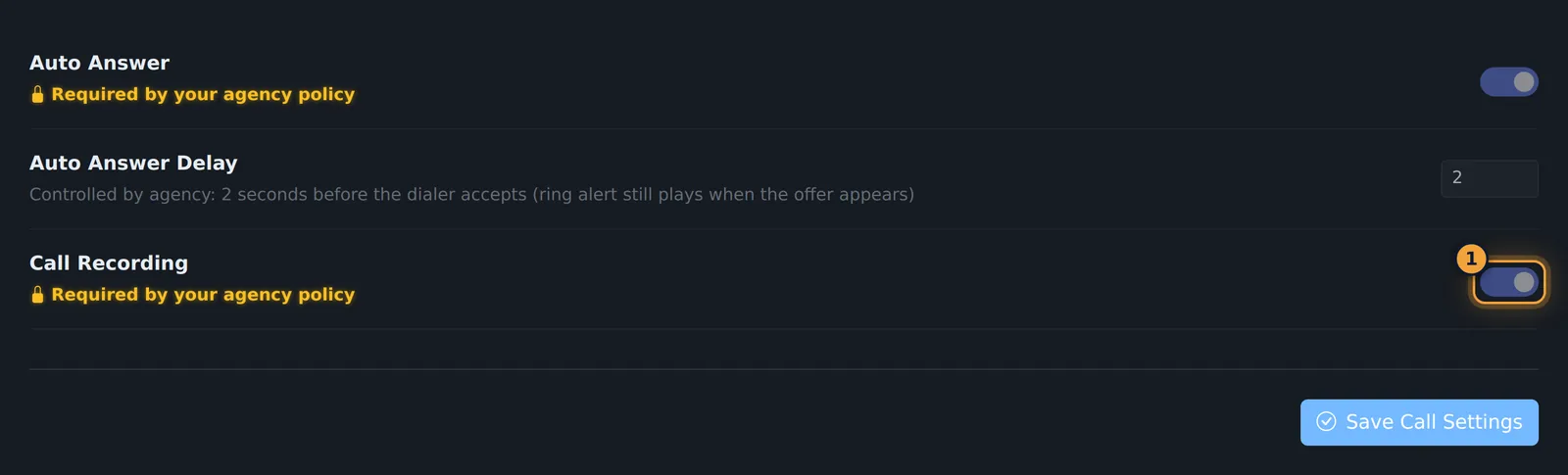 Call Recording locked by policy