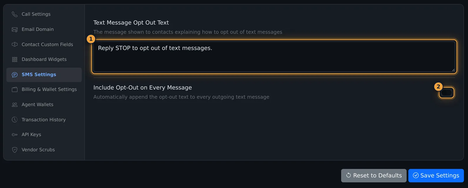 SMS Settings