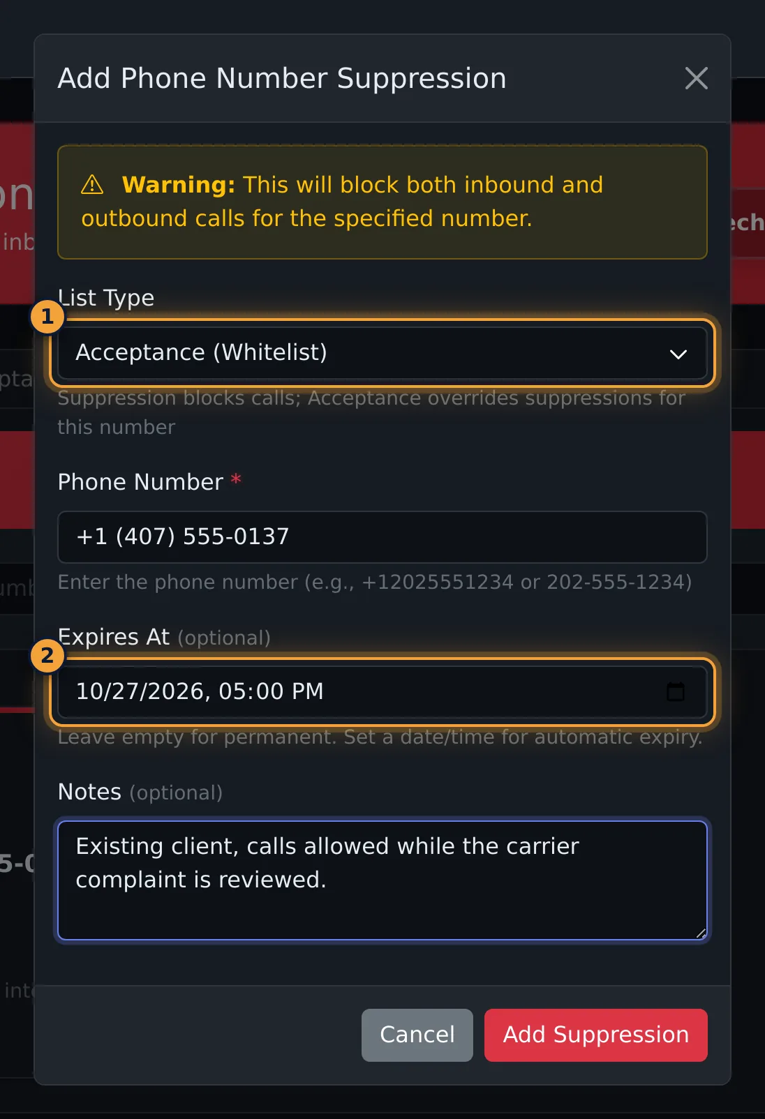Acceptance entry with an expiry