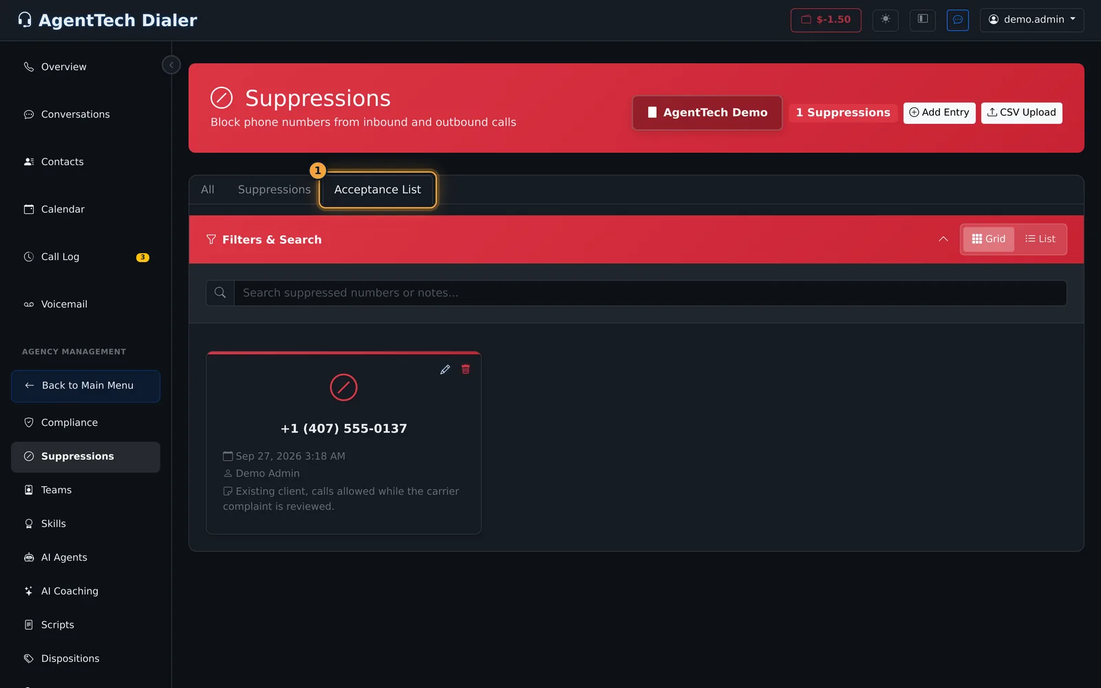 Acceptance List tab