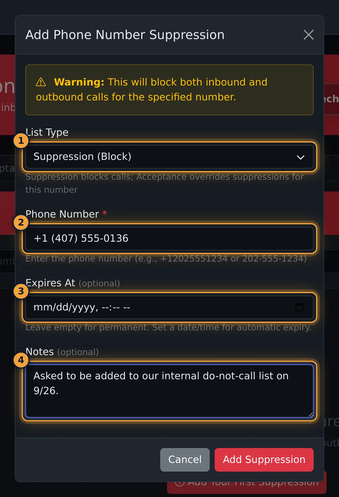 Add Phone Number Suppression