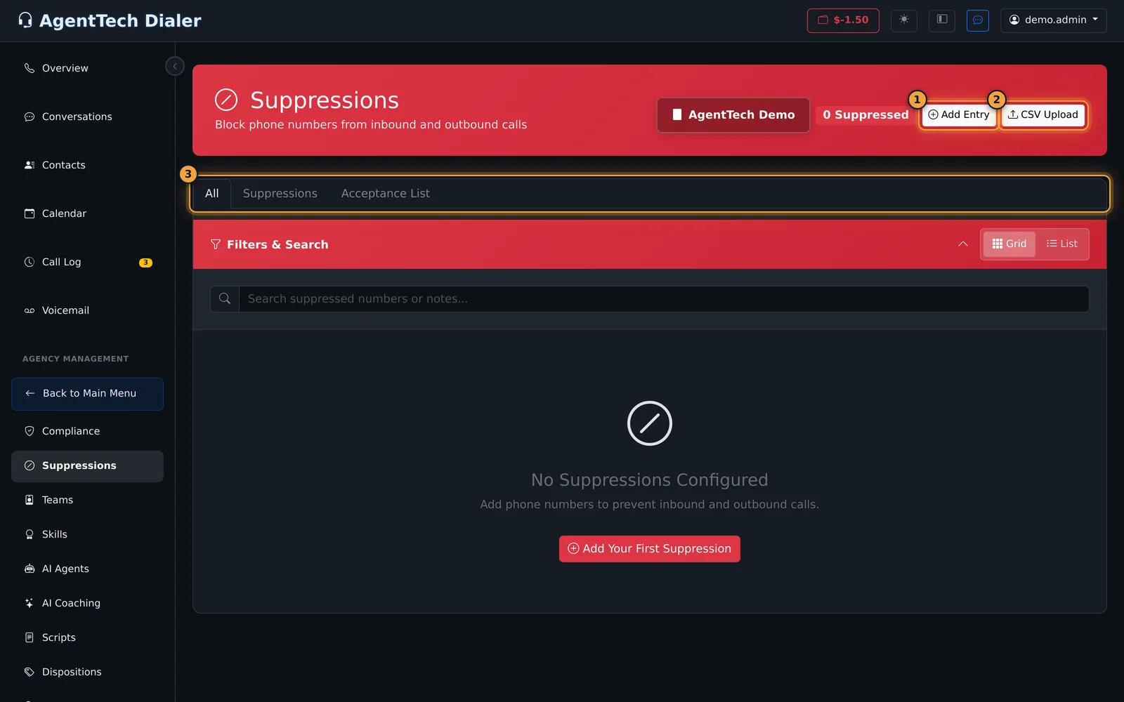 Suppressions page