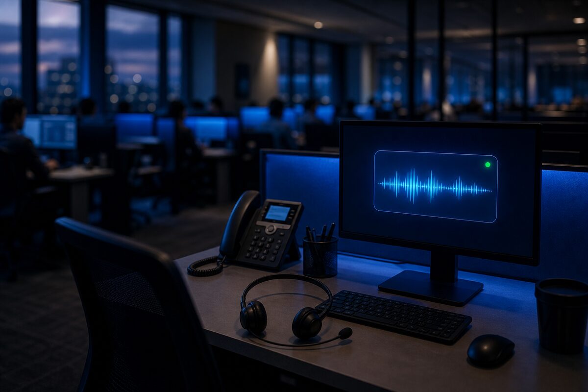 A workstation monitor showing an AI voice agent on a live call