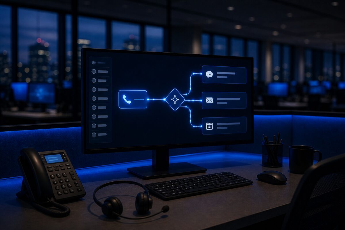 A monitor showing a workflow builder: a call trigger linked through a condition to text, email, and calendar actions