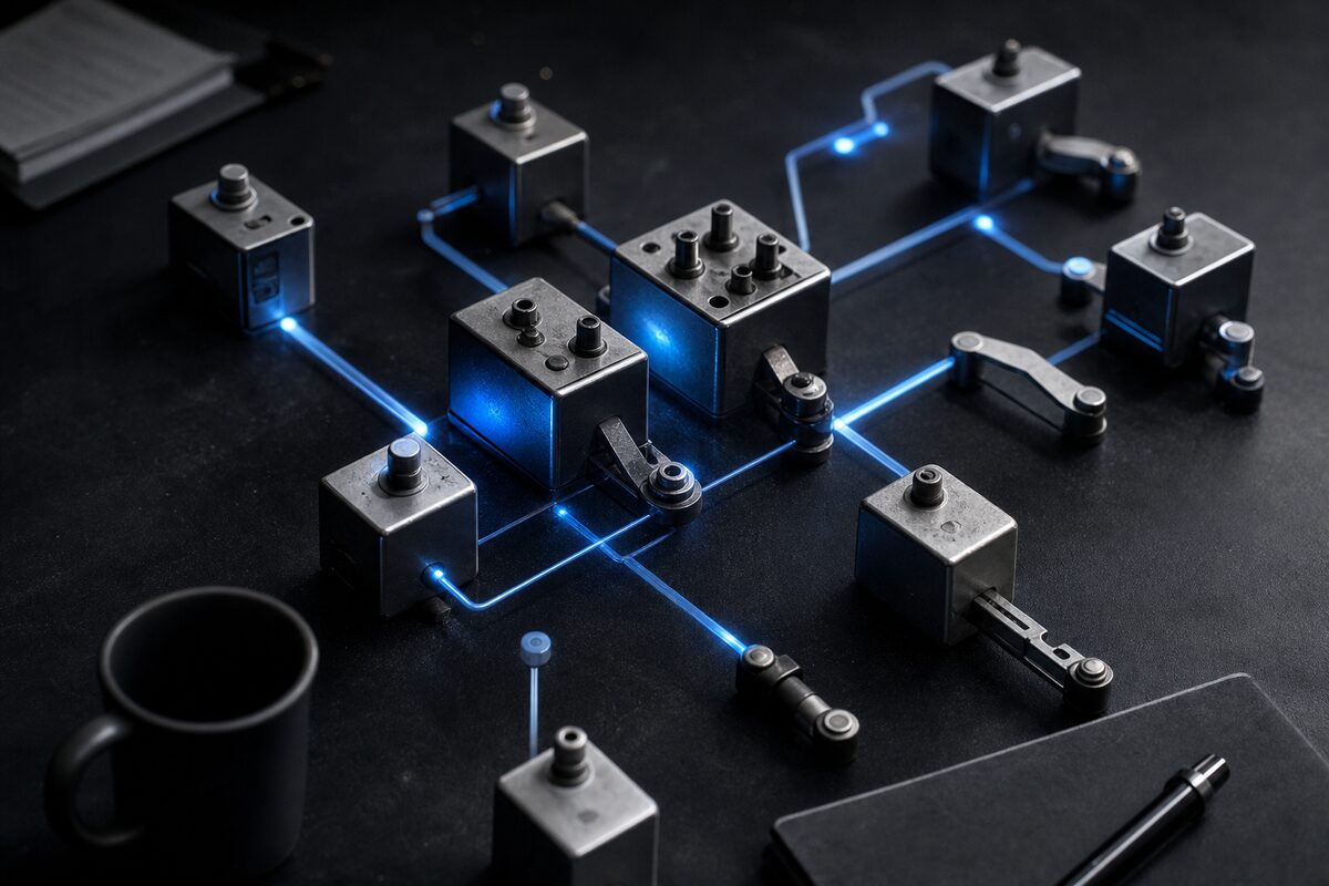 Small metal modules linked by glowing blue lines