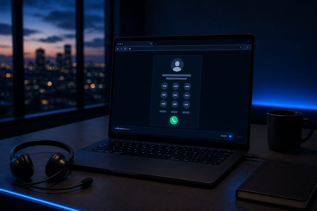 A laptop running the dialer in a web browser, with a USB headset beside it and no desk phone