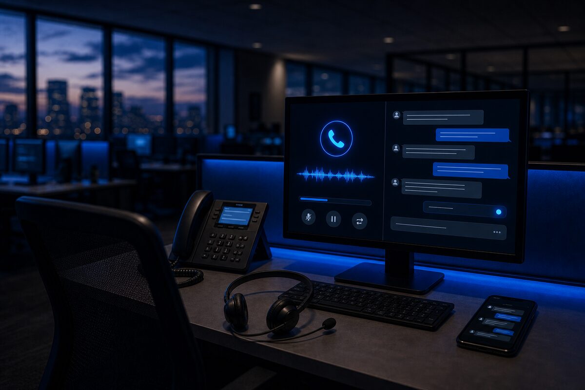 A monitor showing an active call beside a text conversation, with a desk phone, headset, and smartphone on the desk