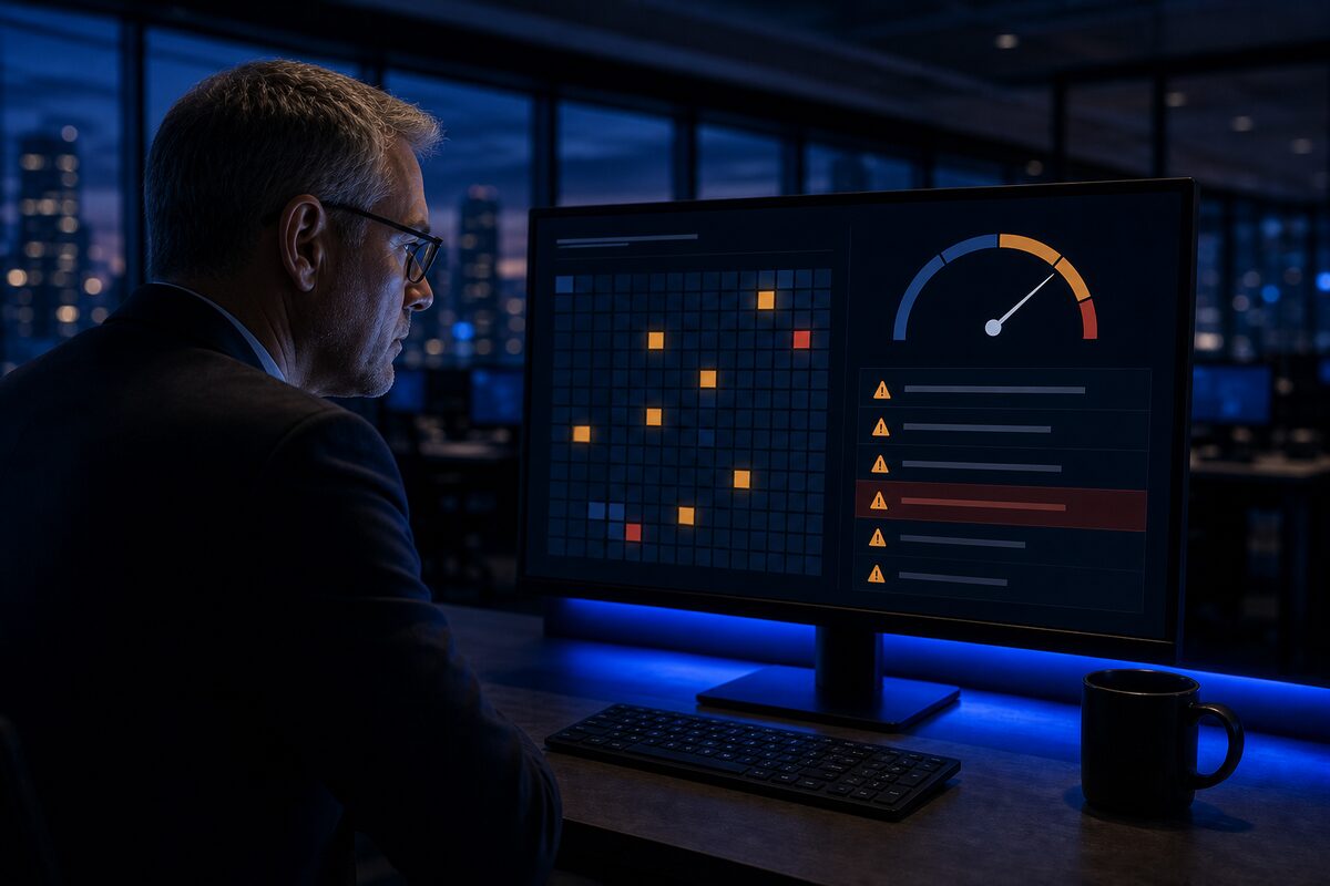 A compliance manager leaning toward a fraud and risk dashboard with a heat map, an amber risk gauge, and flagged indicator rows