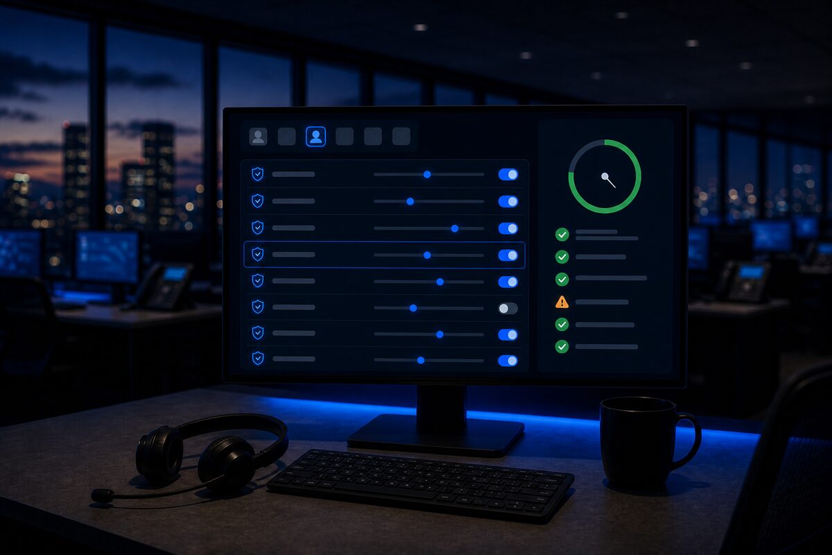A monitor showing a scorecard builder with weighted criteria rows, toggles, and a preview card with a green score gauge and one amber warning