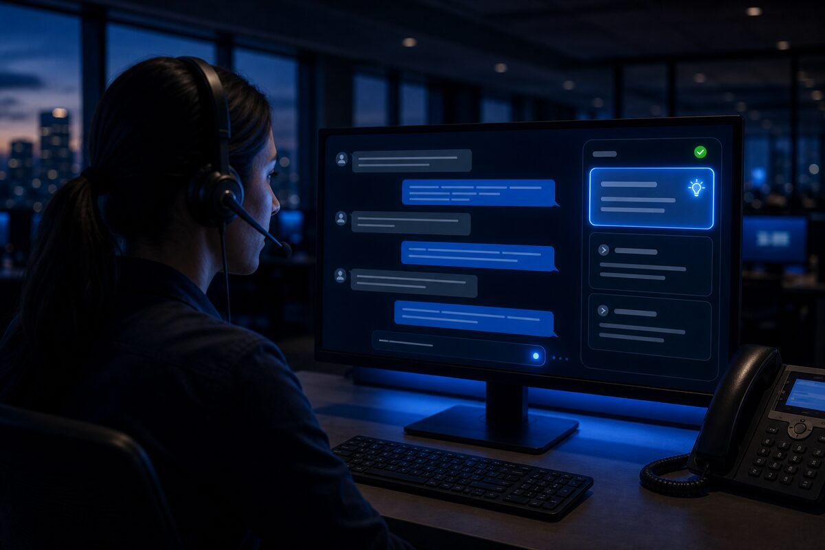 An agent on a headset watching a live transcript with AI coaching suggestions highlighted beside it
