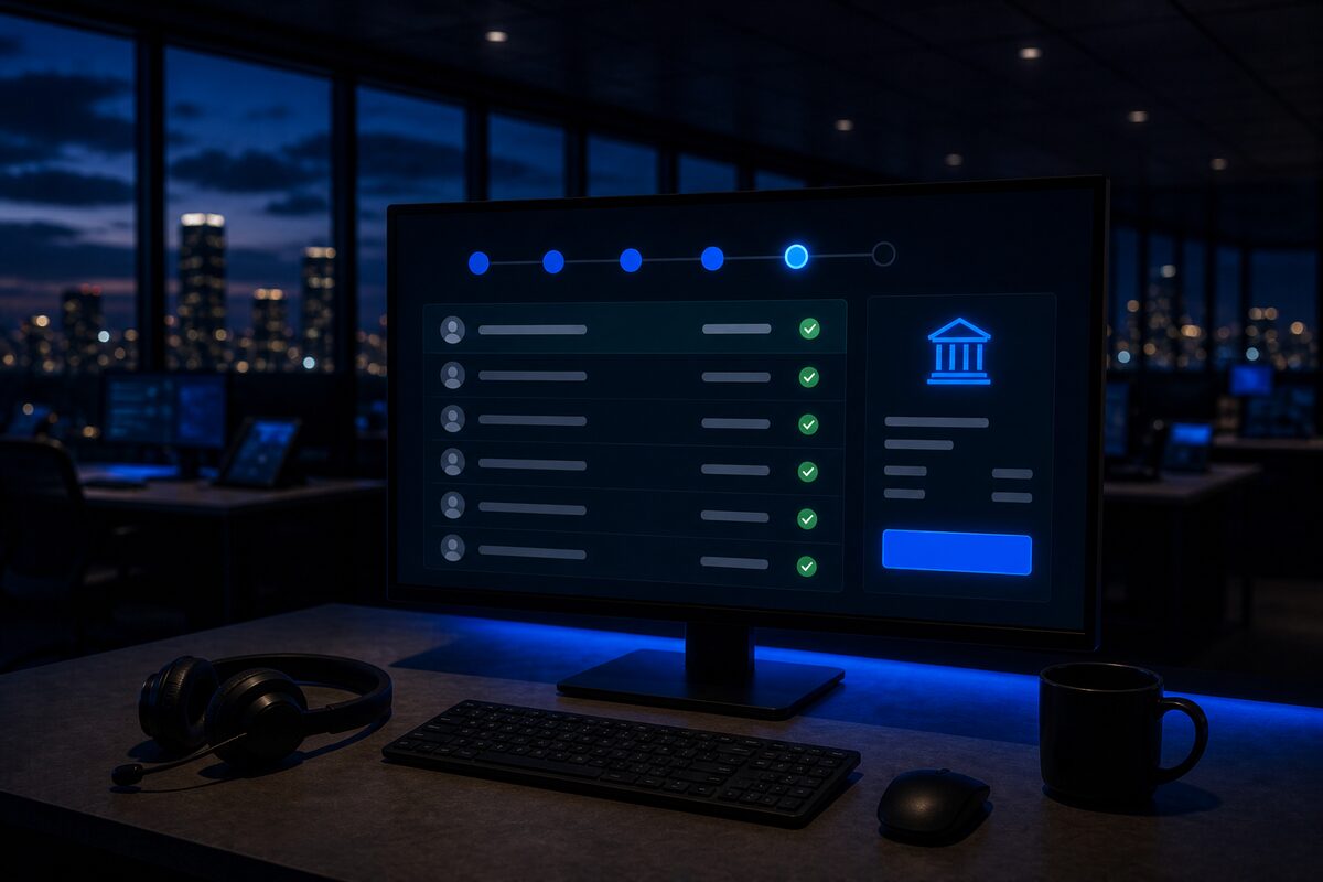 A monitor showing a payout cycle timeline, payee rows with green checks, and a summary card with a glowing approve button
