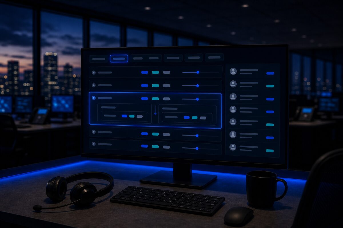 A monitor showing a compensation template editor with carrier and product rule cards, rate sliders, and a column of role assignments