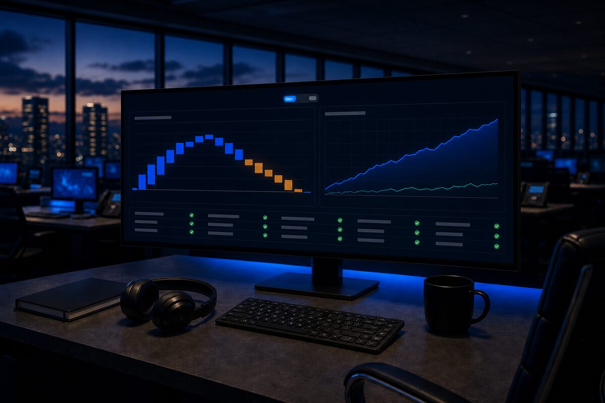 An ultrawide monitor split between a commission waterfall chart and a climbing earnings line chart, with a reconciled ledger strip beneath