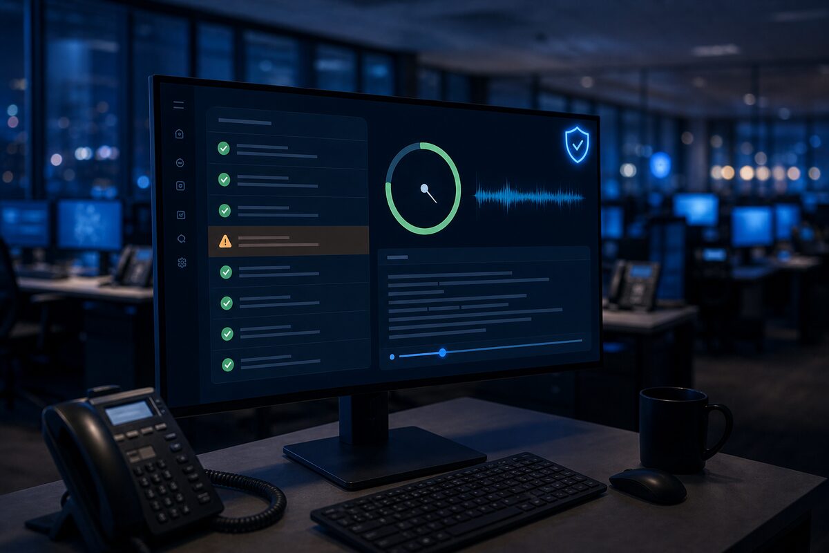 A supervisor monitor showing an AI call scorecard with checks, one flag, and a score gauge