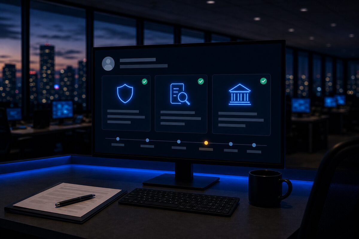 A monitor showing three green-checked verification cards for insurance, background check, and registry lookup, with a renewal timeline and paperwork on the desk