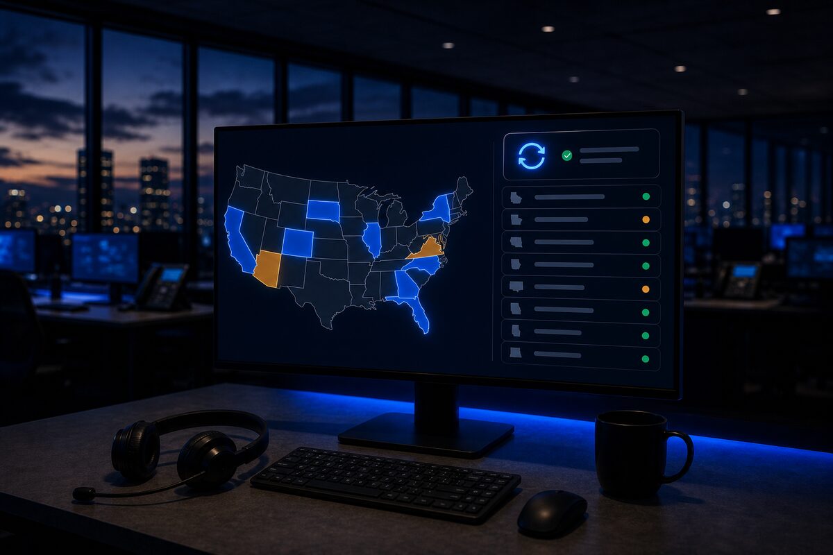A monitor showing a US map with licensed states lit blue and two amber, beside license rows with status dots and a sync card
