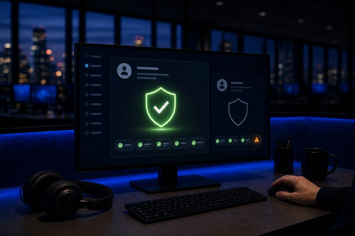 A monitor showing a producer card with a large glowing green ready-to-sell shield and five green requirement chips, next to a dimmed card that is not yet ready