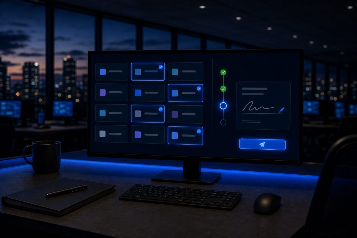 A monitor showing a grid of carrier tiles with several selected, a four-step progress stepper, a document with a signature line, and a glowing submit button