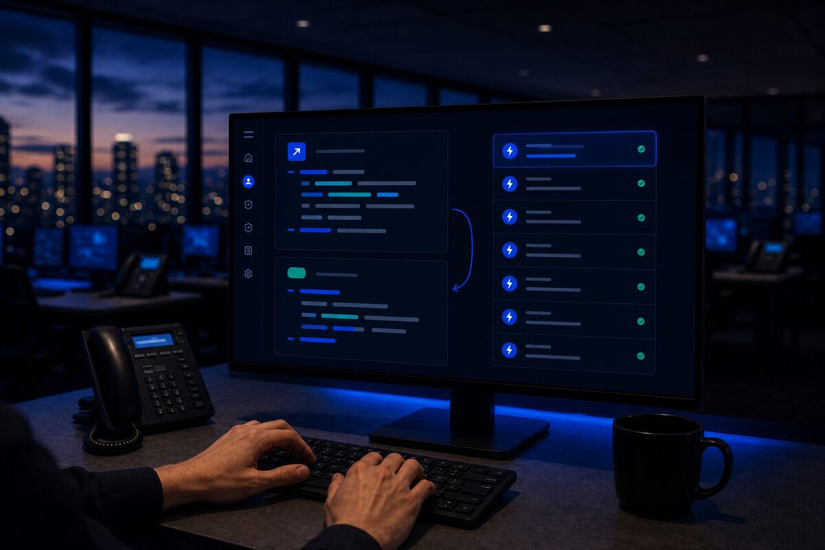 A developer typing at a monitor showing API request and response cards beside a webhook event feed with green checks