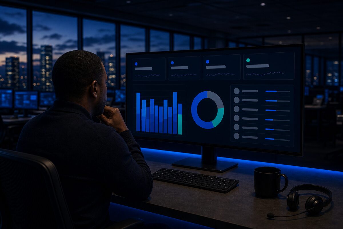 A manager reviewing a call economics dashboard with KPI cards, a stacked bar chart, a donut chart, and a ranked buyer list