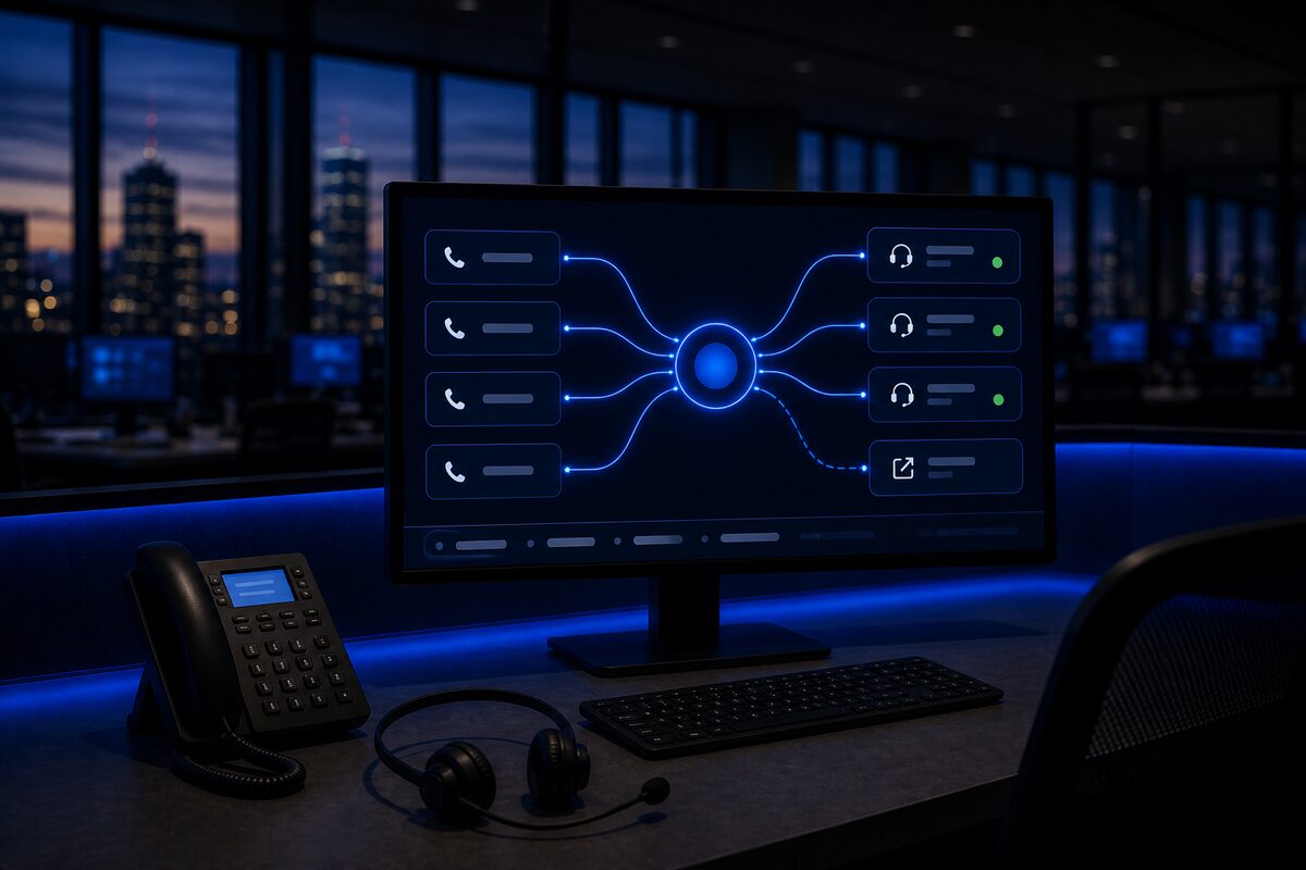 A monitor showing publisher queues feeding a glowing global queue that fans out to standard queues, with a dashed failover line to an external node