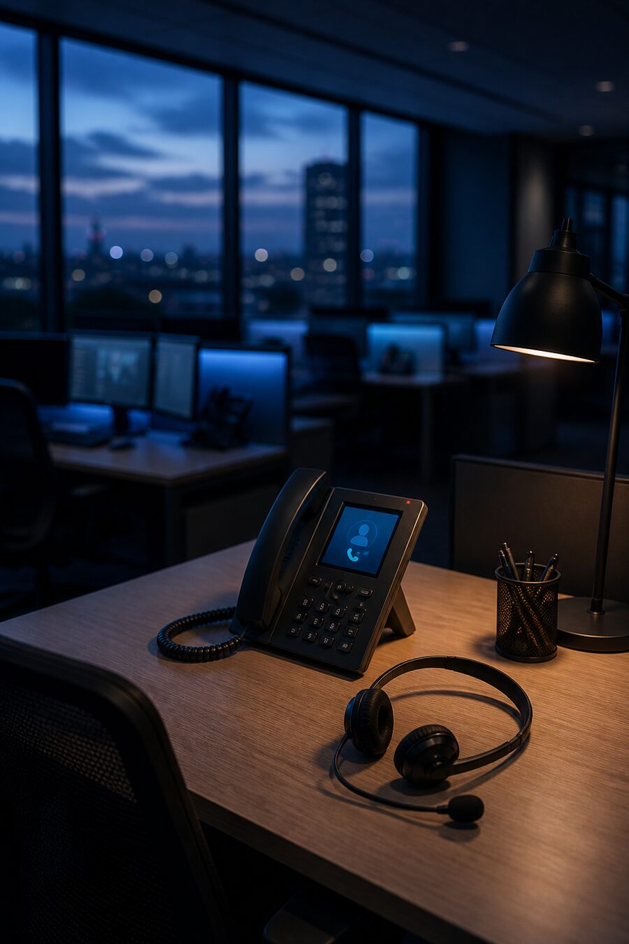 A desk phone lighting up with an incoming call
