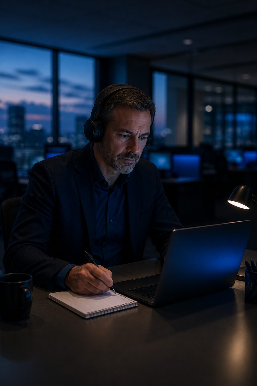 A supervisor reviewing a statement on a laptop