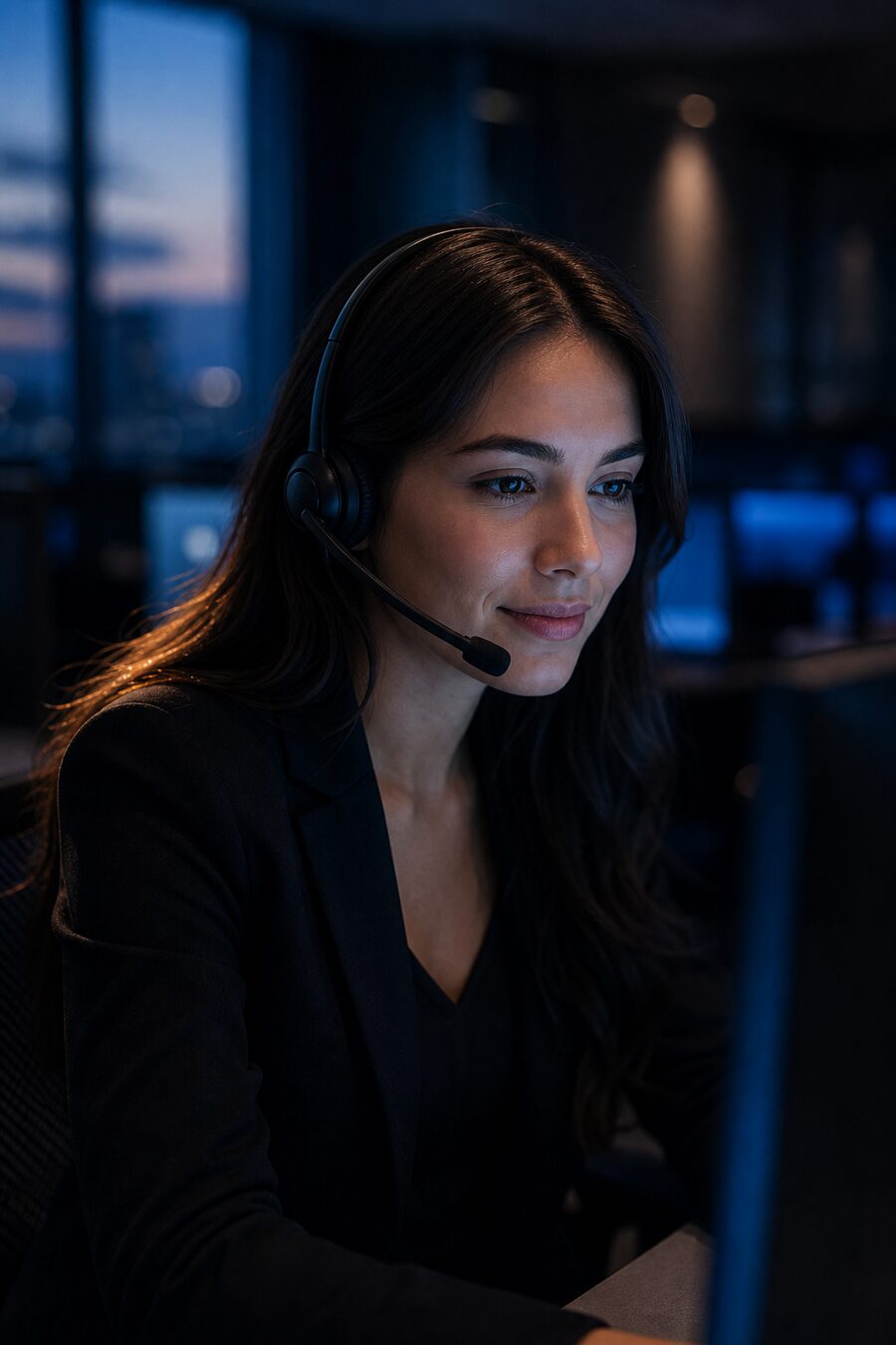 An agent wearing a headset, mid-call
