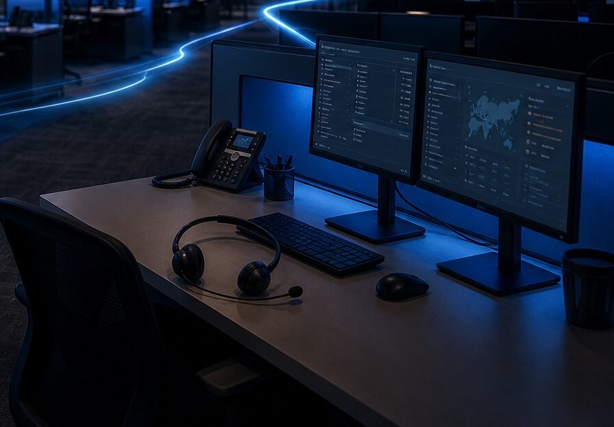 Desk phone, headset, and two monitors on an agent desk