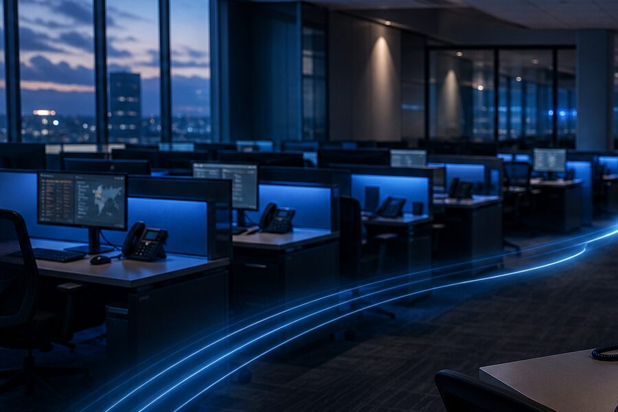 Rows of agent workstations at dusk