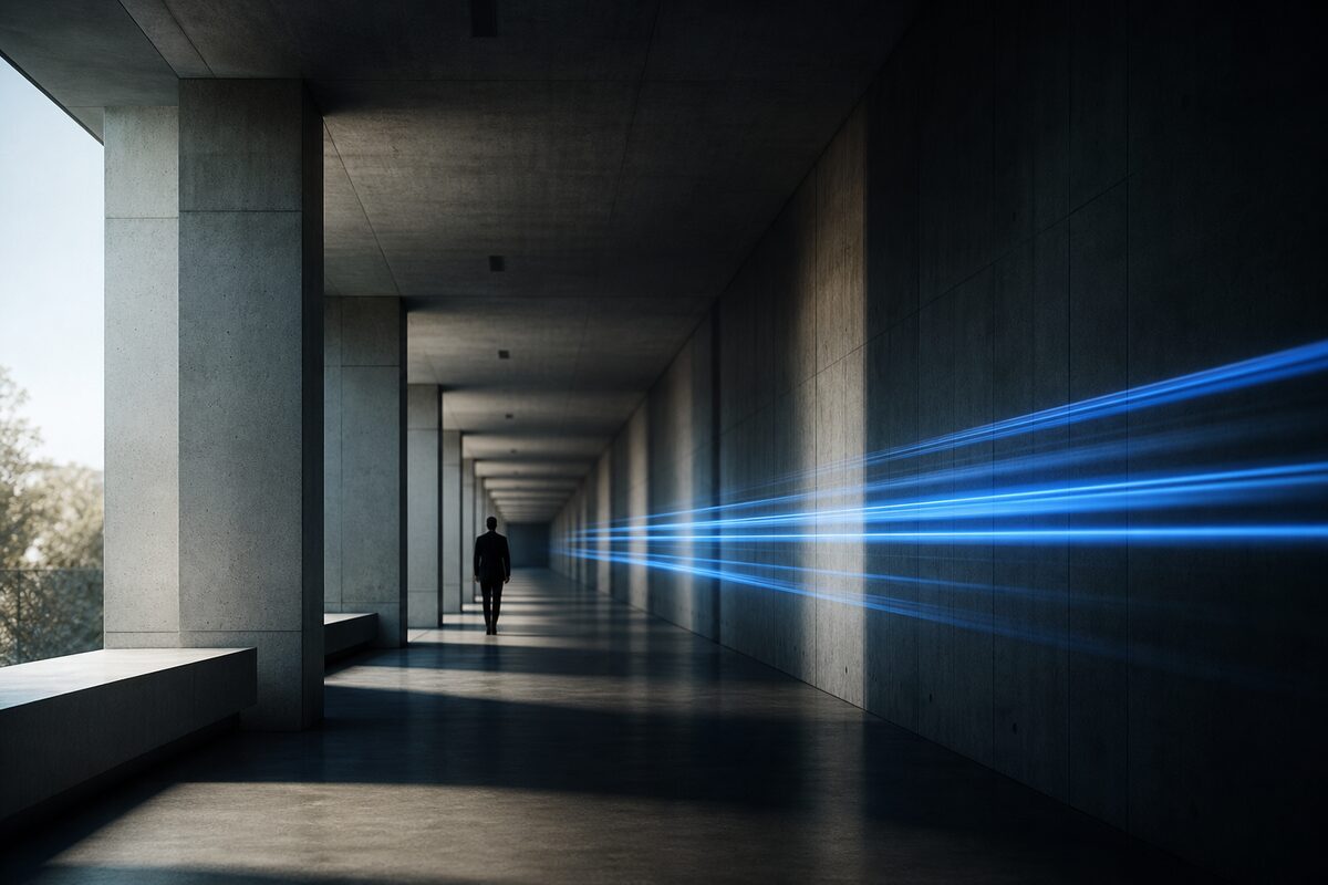 A long corridor lit by a streak of blue light