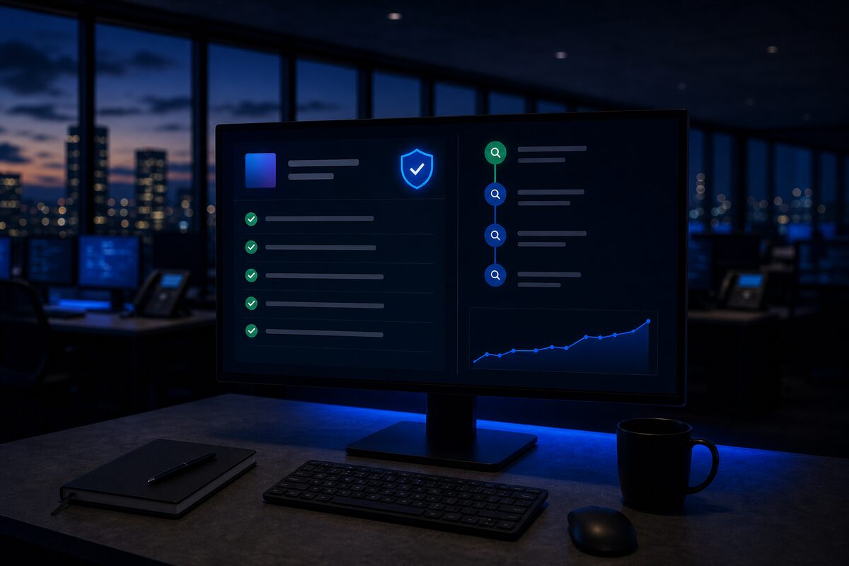 A monitor showing a publisher profile with a green vetting checklist and a large blue shield badge, beside a review-history timeline