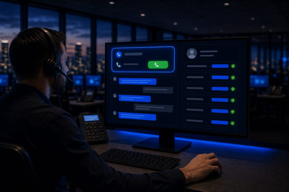 An agent in a headset reaching to accept an incoming warm transfer, with the pre-filled transcript and answered contact fields already on screen