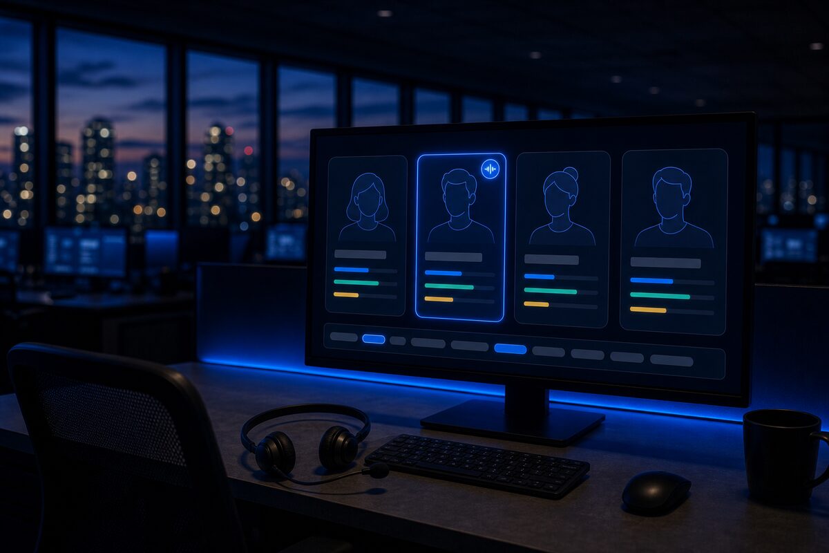 A monitor showing four prospect persona cards with line-art avatars and trait bars, the second selected with an AI voice orb icon, above a strip of objection chips